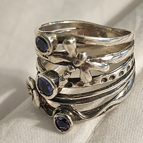 PAZ Israel sterling silver Dragonfly flower multi band Layer purple stones 7.5 - Picture 6 of 10